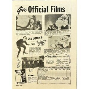 Official Films "Ice Capers Starring Irving Jaffee" + Santa Movies Print Ad 1949